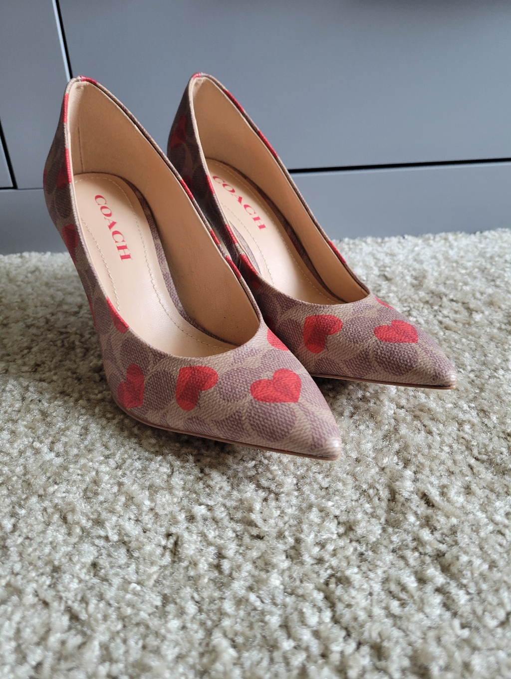Coach Brown Signature Canvas Pointed-Toe Pumps With Red Hearts